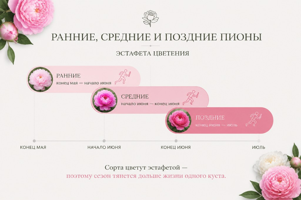 Ранние, средние и поздние пионы: эстафета цветения от мая до июля