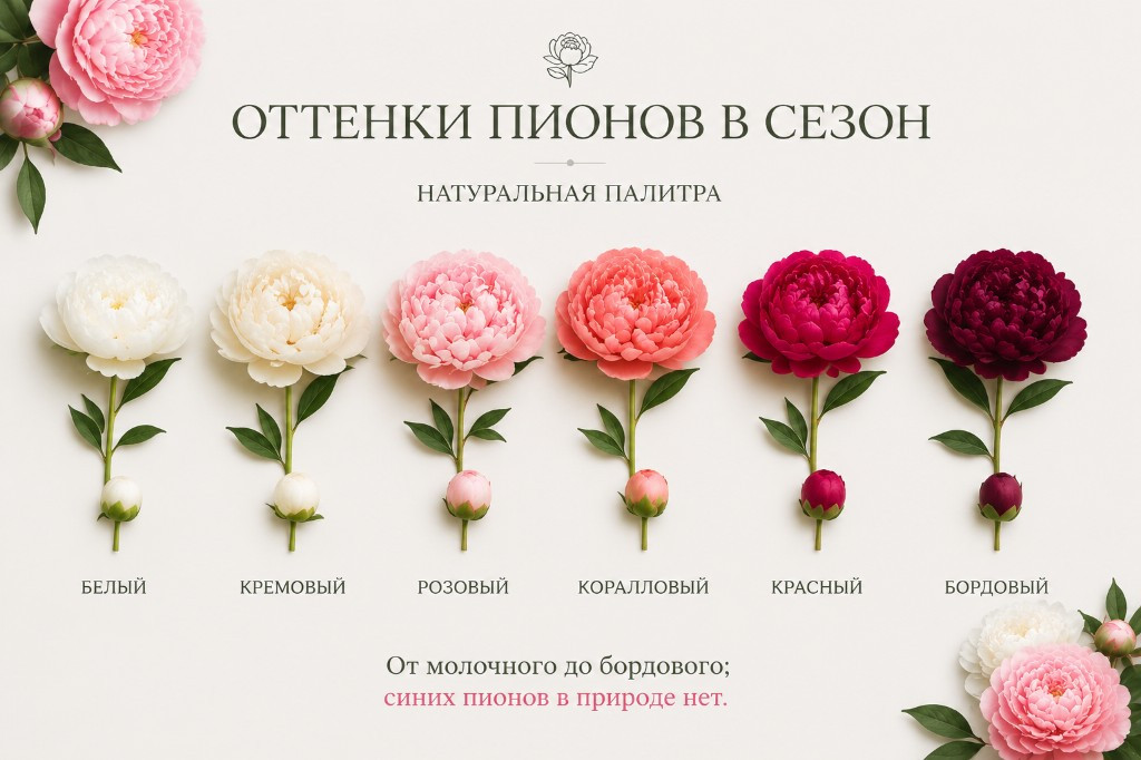 Натуральная палитра пионов в сезон: от белого до бордового